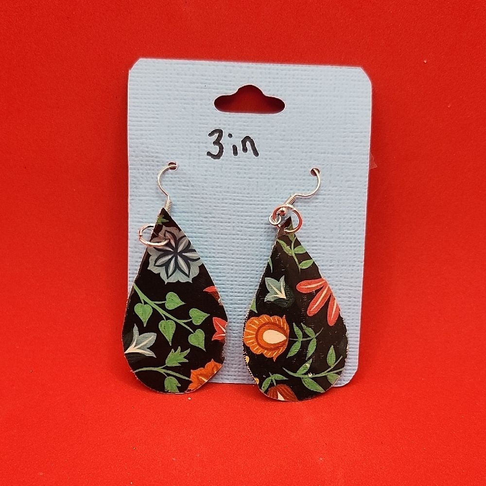 Hand Crafted Dangle Earring Faux Leather Floral Teardrop - Black and Multicolor